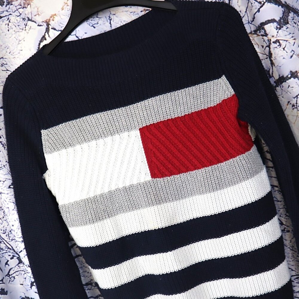 COLORBLOCK SWEATER XS Tommy Hilfiger Logo Y2K Preppy Office Work Casual Winter